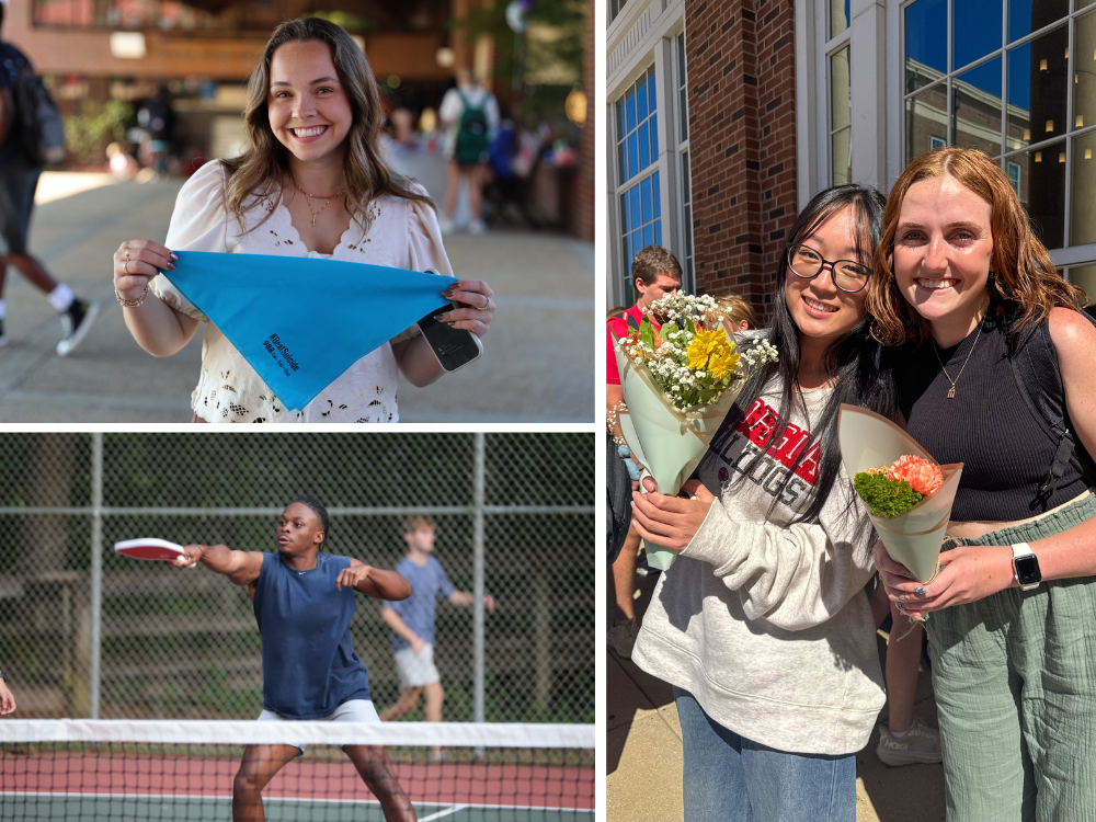 A collage of students engaging in well-being activities such as pickleball and bouquet flower-making as part of BeWellUGA Week